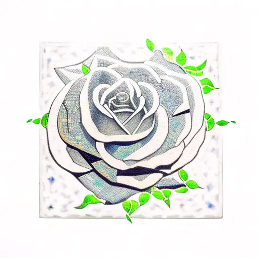 mosaic tile drawing of a rose in a glass display case with petals falling tattoo design idea