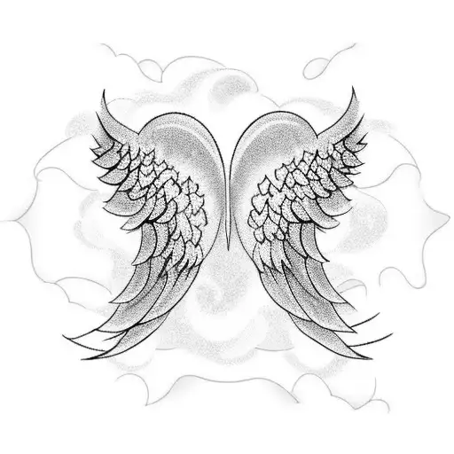 an angel wings followed a sea wave followed a hall heart all in one line tattoo design idea