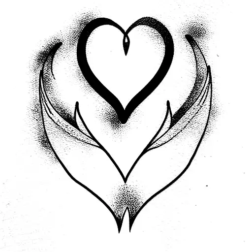 one line with angel wings, wave, Walf heart and a woman with 3 kids. tattoo design idea