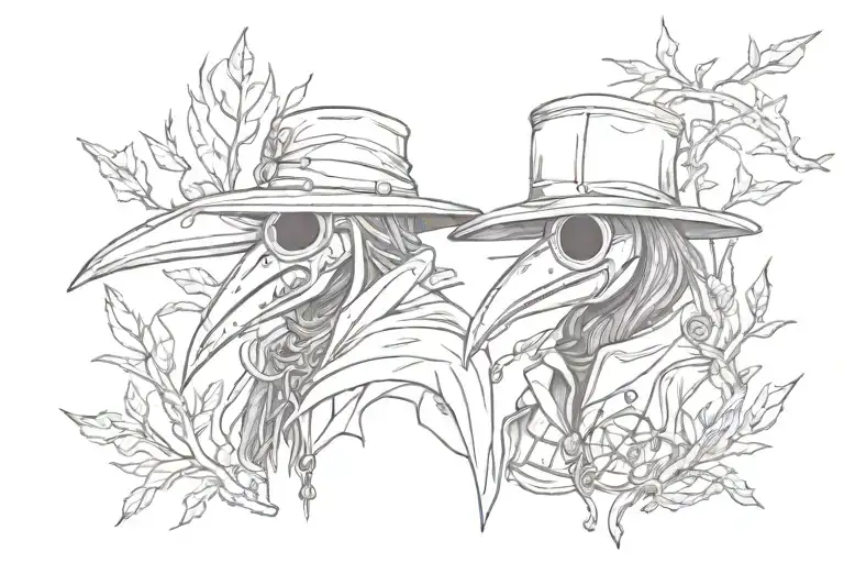Plague doctor mask in the middle, branches, chains, feathers and crows on the sides tattoo design idea