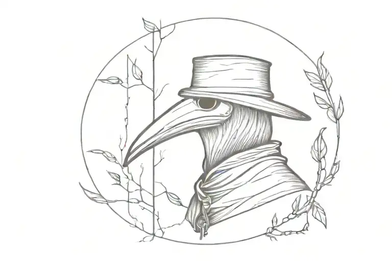 Plague doctor mask in the middle, branches, chains, feathers and crows on the sides tattoo design idea