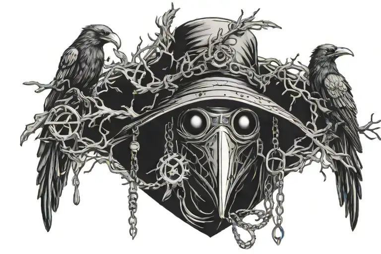 Plague doctor mask in the middle, branches, chains, feathers and crows on the sides tattoo design idea