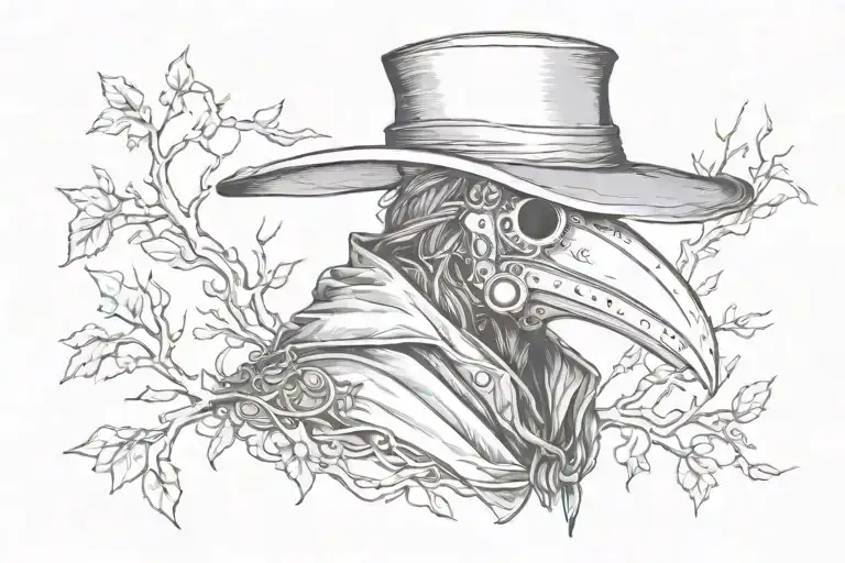 Plague doctor mask in the middle, branches, chains, feathers and crows on the sides tattoo design idea