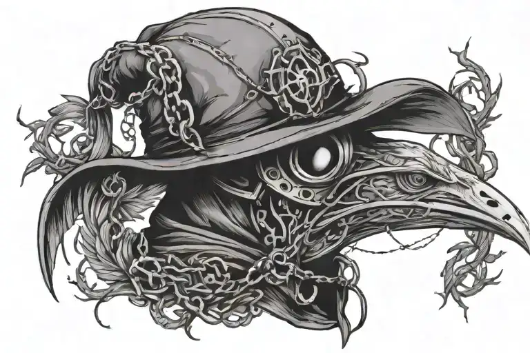 Plague doctor mask in the middle, branches, chains, feathers and crows on the sides tattoo design idea
