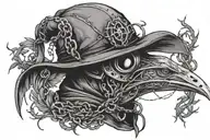 Plague doctor mask in the middle, branches, chains, feathers and crows on the sides tattoo design idea