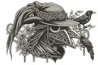 Plague doctor mask in the middle, branches, chains, feathers and crows on the sides tattoo design idea