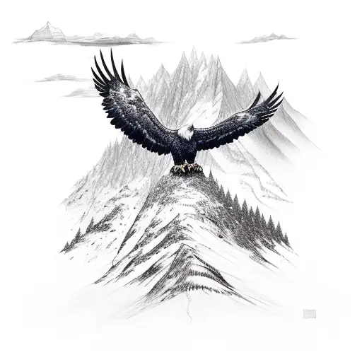 A majestic eagle perched on a mountain peak, with a ski trail leading up to it tattoo design idea