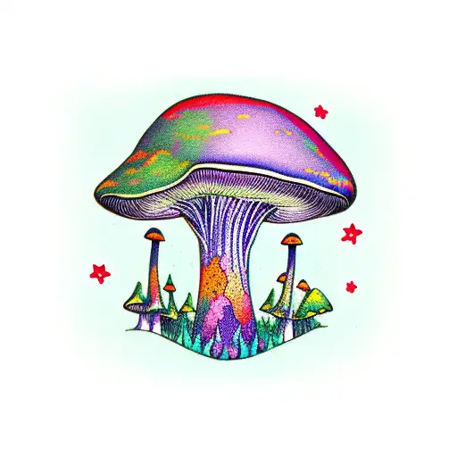 A vibrant mushroom forest with psychedelic colors tattoo design idea