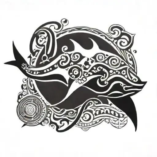 manta ray with sun, moon and wave tattoo design idea