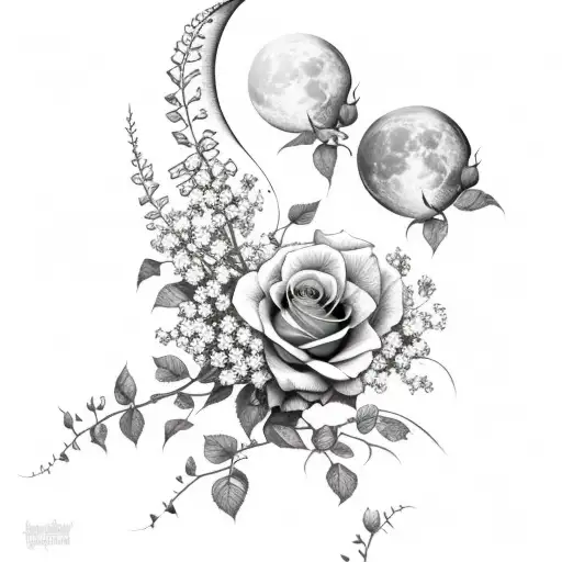 roses, moon, babies breath, blue bird tattoo design idea