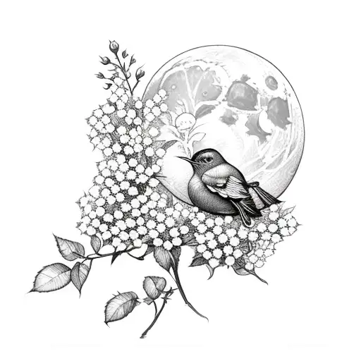 roses, moon, babies breath, blue bird tattoo design idea
