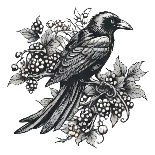 Crow holding 32 currant berries intertwined tattoo design idea