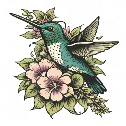 hummingbird with breast cancer ribbon in beak and wildflowers going down breast tattoo design idea