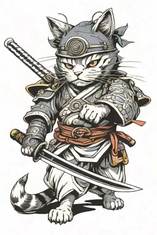 cat samurai holding a katana with both hands pointinf forward tattoo design idea