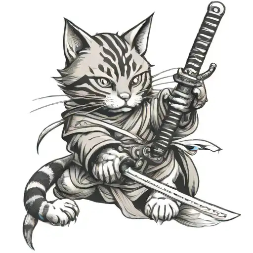 cat samurai holding a katana in front of him ready to fight tattoo design idea