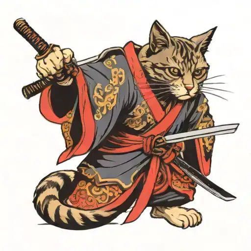 cat samurai holding a katana with both hands pointinf forward tattoo design idea