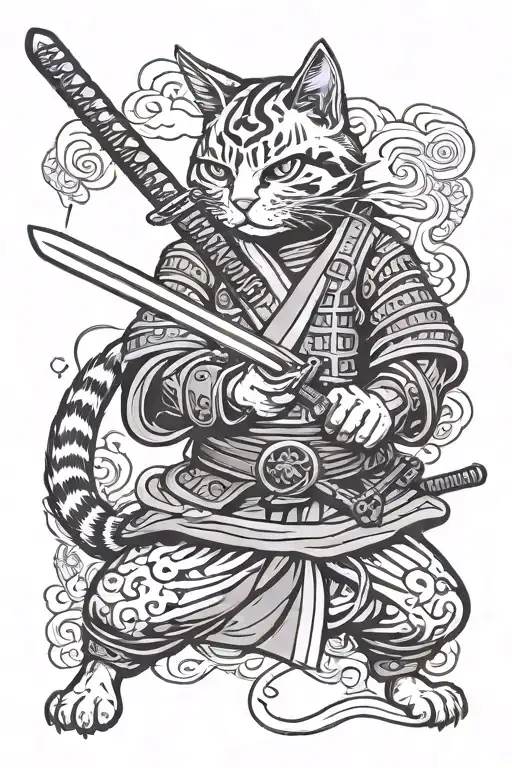 cat samurai holding a katana with both hands pointinf forward tattoo design idea
