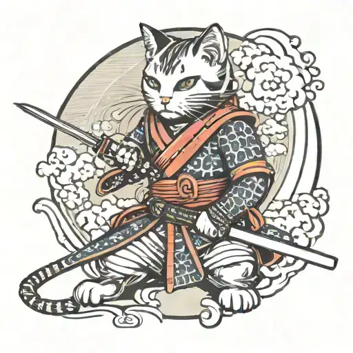 Cat samurai holding a katana sword tattoo design idea