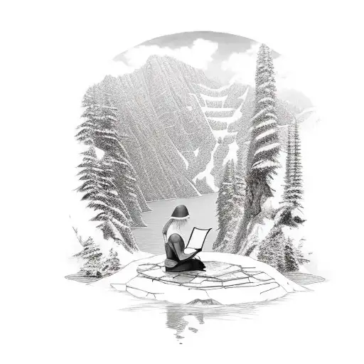 top of the mountain crater type of lake. woman sitting down reading a book butterfly's flying overhead. a man fishing th tattoo design idea