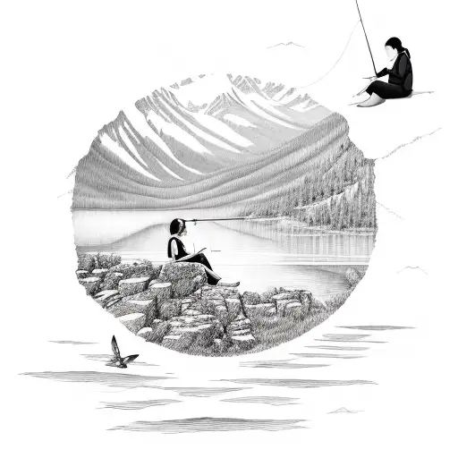 top of the mountain crater type of lake. woman sitting down reading a book butterfly's flying overhead. a man fishing th tattoo design idea