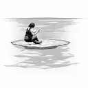 top of the mountain crater type of lake. woman sitting down reading a book butterfly's flying overhead. a man fishing th tattoo design idea