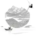 top of the mountain crater type of lake. woman sitting down reading a book butterfly's flying overhead. a man fishing th tattoo design idea