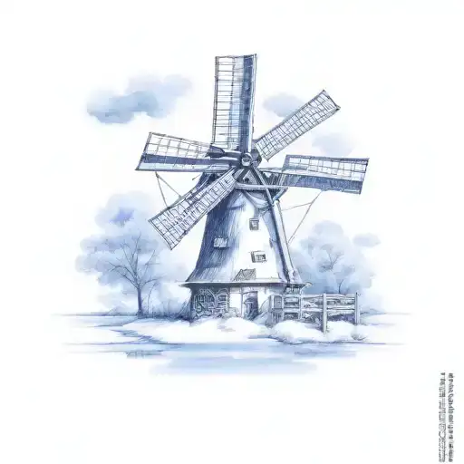 Dutch windmill tattoo design in delft blue, I want it to include tulips, a hammer tattoo design idea