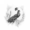 peacock with the full body down below and all the feathers fully spread out and wrapping up above the head tattoo design idea