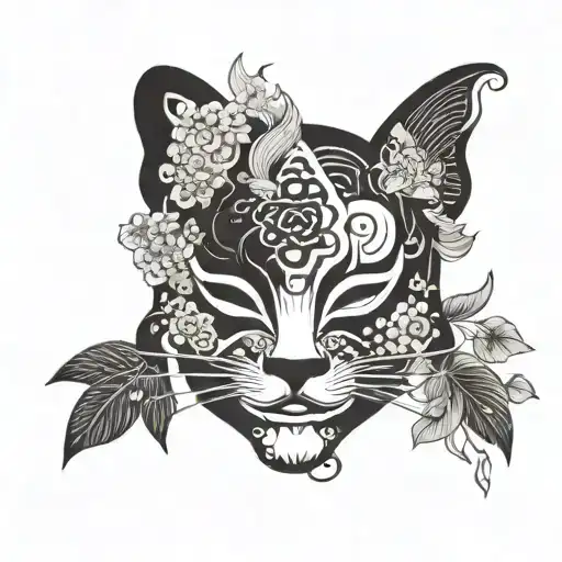 A blackwork tattoo of intricate floral patterns intertwined with traditional Japanese masks tattoo design idea