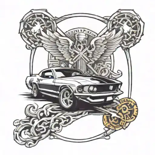 Christian cross and a 1969 ford mustang mach 1 tattoo design idea