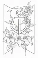 anchor surrounded by iris, violet, and honeysuckle  tattoo design idea