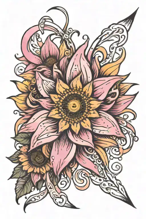 Long Stim sun flower running through a pink breast cancer ribbon. That's all frayed, and worn  tattoo design idea