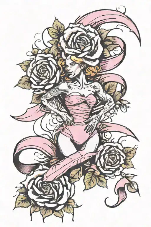Long Simpson flower running through a pink breast cancer ribbon. That's all frayed, and worn  tattoo design idea