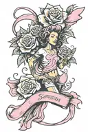 Long Simpson flower running through a pink breast cancer ribbon. That's all frayed, and worn  tattoo design idea