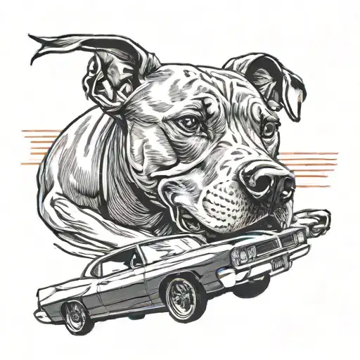 A black-grey tattoo of a muscular pitbull driving a 73 Pontiac GTO on an open road tattoo design idea