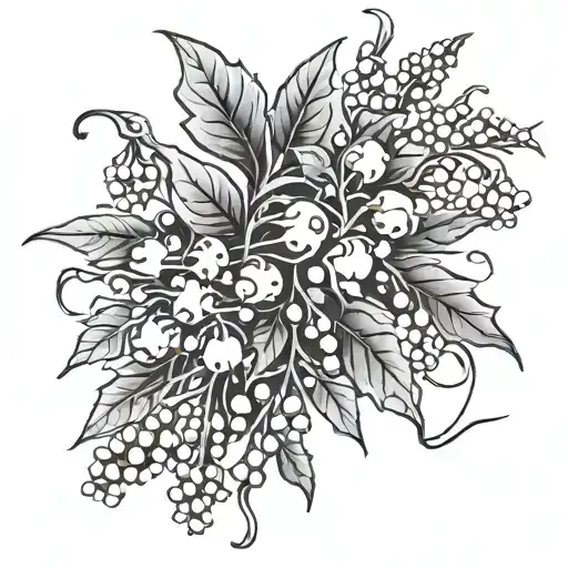 holly branch with berries and lily of the valley flower stem tied with ribbon tattoo design idea