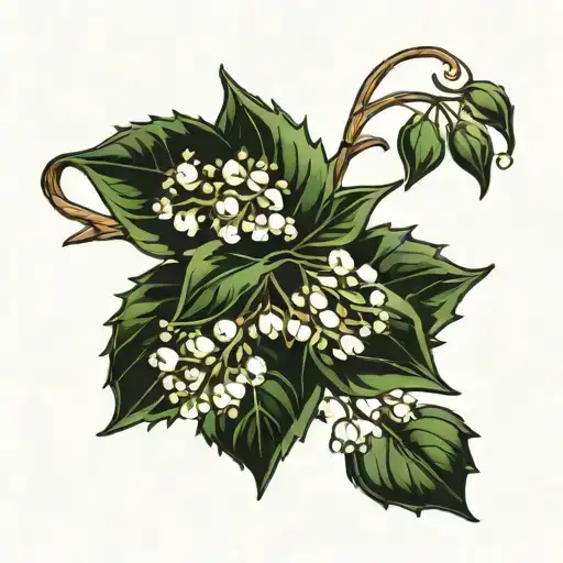branch of holly leaves with berries and lily of the valley flower stem tied with ribbon tattoo design idea