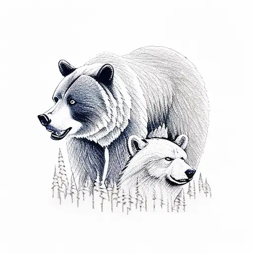 bear and a wolf with their natural landscape tattoo design idea