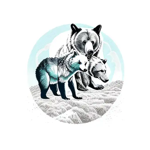 bear and a wolf with their natural landscape tattoo design idea