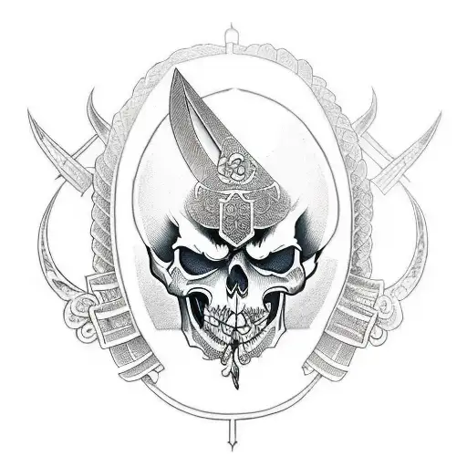 A traditional-style tattoo of a sword and shield crossed with a skull in the center tattoo design idea