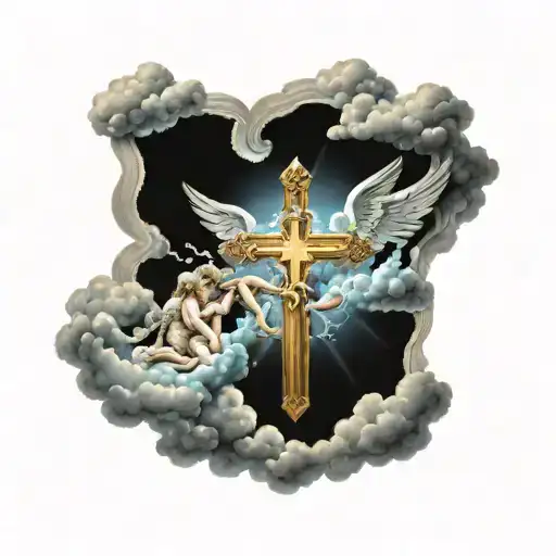 glowing cross  surrounded by cherub angels laying on rainy clouds tattoo design idea