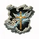 glowing cross  surrounded by cherub angels laying on rainy clouds tattoo design idea
