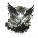 glowing cross  surrounded by cherub angels laying on rainy clouds tattoo design idea