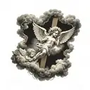 glowing cross  surrounded by cherub angels laying on rainy clouds tattoo design idea