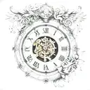 Create a tattoo for the arm where there are 3 elements, a realistic eye where the pupil is replaced by a roman clock  tattoo design idea