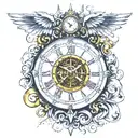 Create a tattoo for the arm where there are 3 elements, a realistic eye where the pupil is replaced by a roman clock  tattoo design idea