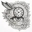 Create a tattoo for the arm where there are 3 elements, a realistic eye where the pupil is replaced by a roman clock  tattoo design idea