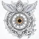 Create a tattoo for the arm where there are 3 elements, a realistic eye where the pupil is replaced by a roman clock  tattoo design idea