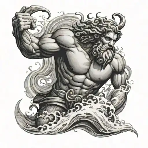 greek god poseidon, surrounded by waves. dark to cover up existing tattoo  tattoo design idea