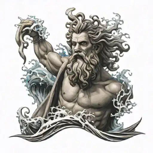 greek god poseidon, surrounded by the ocean waves tattoo design idea